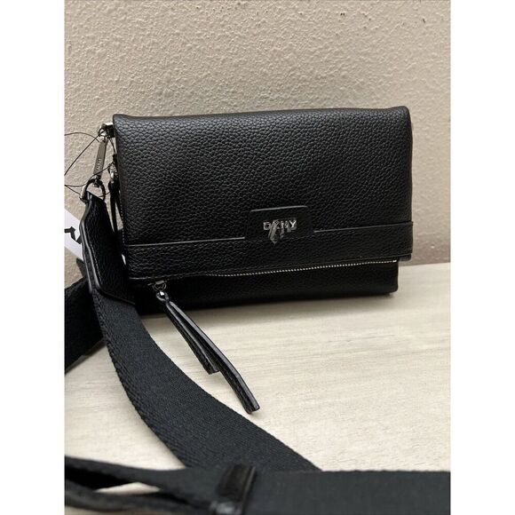 DKNY Black Nyra Trifold Crossbody Bag   Convertible To Clutch Pebbled Finish - Picture 1 of 16
